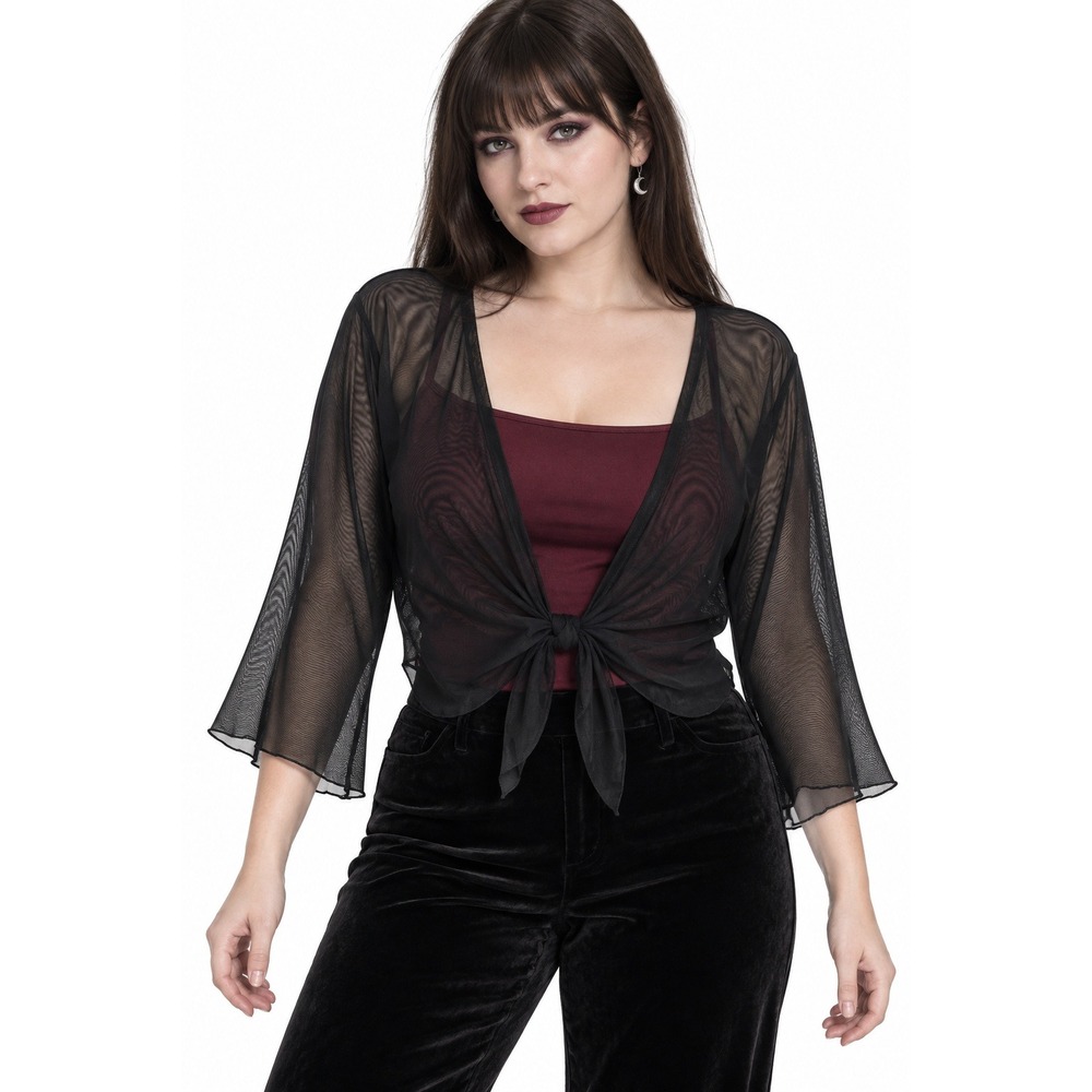 Aiboria Sheer Mesh Tie Front Shrug Bolero Top Large Black Whimsigoth Goth